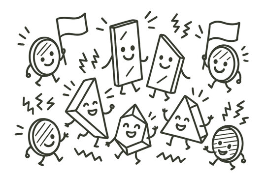 Joyful Optics Table. Cheerful doodle optics table with mirrors smiling, prisms dancing, polarizing filters waving like flags, and