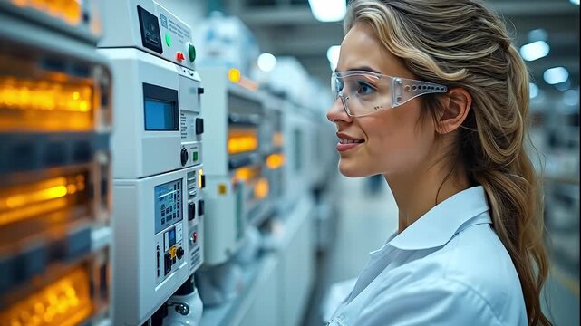 A woman wearing safety glasses in a factory