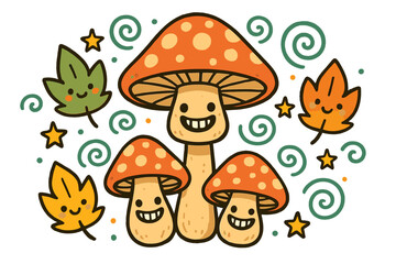 Fototapeta premium Whimsical Plant Fantasy. Cute doodle psychoactive plant illustration with grinning mushrooms, colorful leaves with faces, cartoon