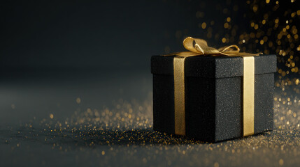 Elegant black gift box with gold ribbon and glitter
