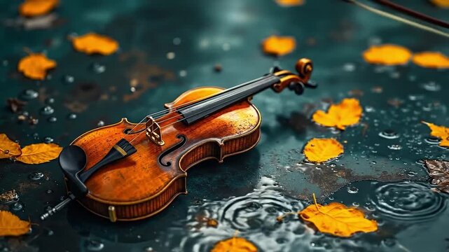 A violin sitting on top of a wet surface surrounded by leaves
