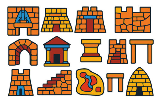 Mycenaean Architecture Icons. Flat vector icons of Mycenaean Architecture: lion gate, tholos tomb, palace walls, corbelled arch,