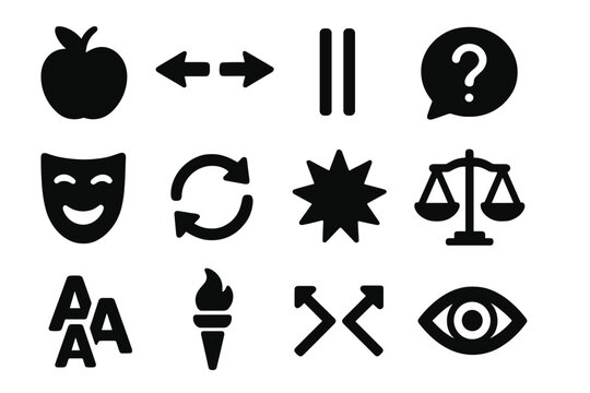 Rhetorical Icons Collection. Solid style icons of rhetorical devices: metaphor icon, simile arrows, parallel lines, rhetorical