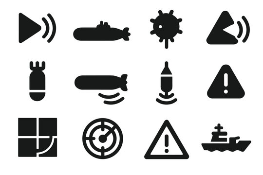 Submarine Detection Icons. Solid style icons of submarine detection: sonar detection cone, submarine silhouette, underwater mine,