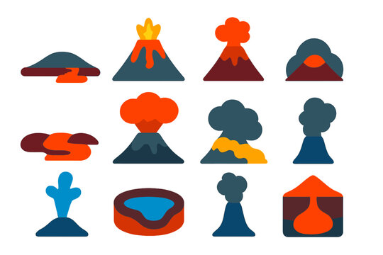 Volcanic Icons Set. Flat vector icons of Earth volcanism comparison: shield volcano, stratovolcano, cinder cone, lava dome, basalt