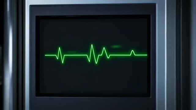 Green pulse line on a dark screen, in a medical setting. Grey frame surrounds the monitor