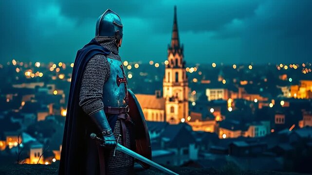 A man in armor holding a sword and shield standing on top of a hill