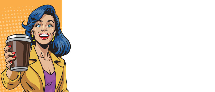 A beautiful pop art woman holds out a cup of coffee with a blank banner. Comic book style pop art.