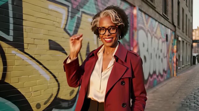A confident mature woman in bold red coat and trendy sunglasses stands stylishly in front of vibrant urban graffiti wall, conceptually representing intersection of refinement and rebellion.