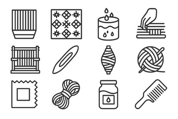 Artisan Textile Icons. Line style icons of Artisan Textile Work: Reed, Pattern Design, Dye, Traditional Technique; Loom Frame,