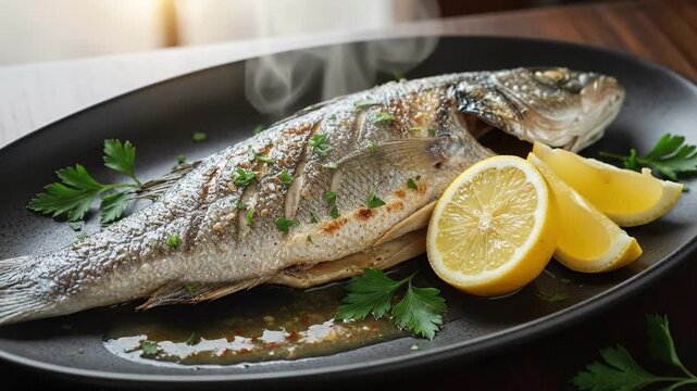 Steaming whole grilled fish with fresh parsley and lemon wedges served on a black plate, ready to eat.