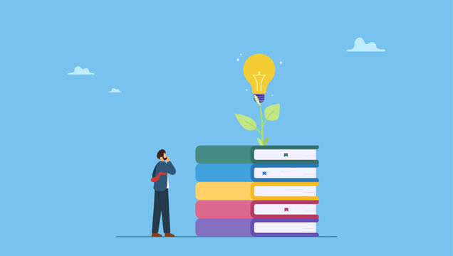 Smart young man with book stack with light bulb plant. Knowledge, wisdom to create new idea, creativity or innovation from reading books, education or learning new skill to success, study or library.