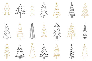 Hand drawn Christmas tree silhouettes. Black christmas trees on isolated white background with gold stars