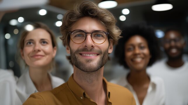 A multicultural business team brainstorming around a digital whiteboard, smiling and exchanging ideas — international collaboration, inclusive workplace culture, and global innovation energy.