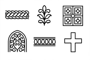 Fototapeta premium Byzantine Ornament Icons. Line style icons of Byzantine Ornamentation: braided border, floral motif, geometric pattern tile, gold
