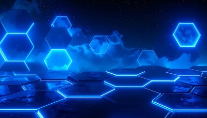 Hexagonal platforms glow blue against cloudy, starry sky