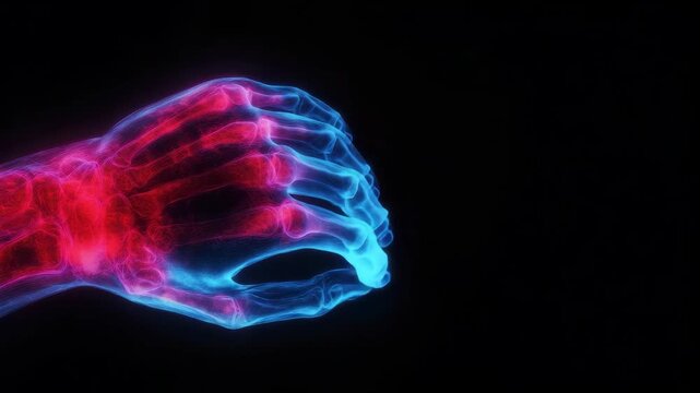 Digital X ray visualization of a human hand skeleton showing inflamed red joints against a black background