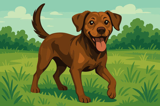 Energetic Brown Dog. Playful brown dog standing in a lush green field, captured vector illustration in natural light, energetic