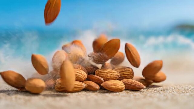 A pile of shelled almonds rests on textured sand with a blurred turquoise ocean and bright blue sky background