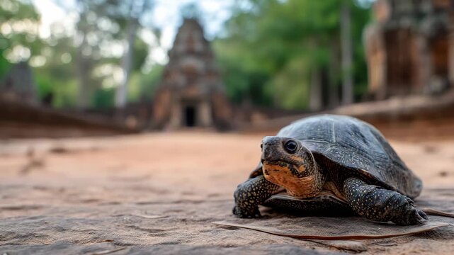 Close up portrait of a small turtle resting on dusty ground before ancient temple ruins
