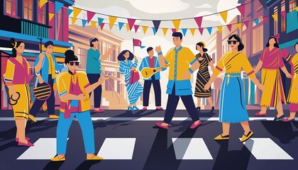 Obraz premium Illustration of diverse people walking and playing guitar at colorful street festival in vector style