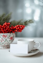 Elegant invitation or greeting card mockup featuring a beautifully arranged gift box alongside delicate plant twigs, creating a festive and cheerful atmosphere perfect for holiday greetings, 