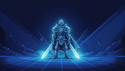 Fototapeta premium Illustration of futuristic armored knight with glowing swords in digital landscape in vector style