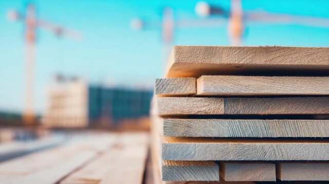 Stacked rough cut timber planks on an outdoor construction site beneath a bright blue sky