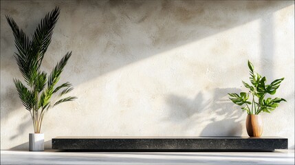A minimalist interior scene featuring two potted plants on a dark shelf, set against a textured beige wall. Natural sunlight casts shadows, creating a serene an