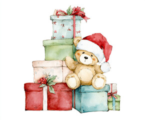 Adorable Santa Bear Surrounded By Colorful Gift Boxes In Festive Holiday Scene