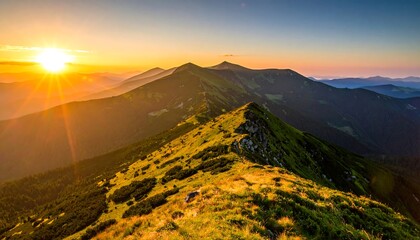 Golden sunset over lush, green mountains, bright sky, creating stunning natural beauty, warmth, and serene atmosphere