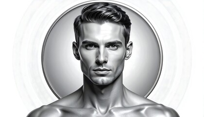 Handsome man in grayscale with wavy hair and a neutral expression posed in front of a circular background