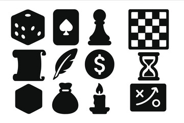 Game Iconography. Solid style icons of cultural history of games: dice, card, pawn, board, scroll, quill, coin, hourglass, cube,