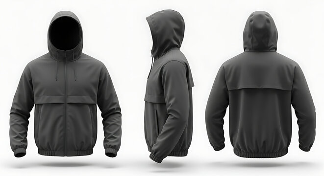 Dark grey hooded jacket mockup with front, side, and back views