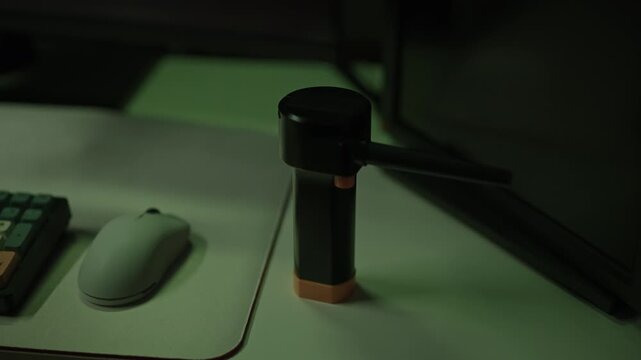 Handheld electric air duster moves across table during operation, blowing dust from computer desk, keyboard, mouse, during evening maintenance of electronic devices and workspace hygiene, nobody.