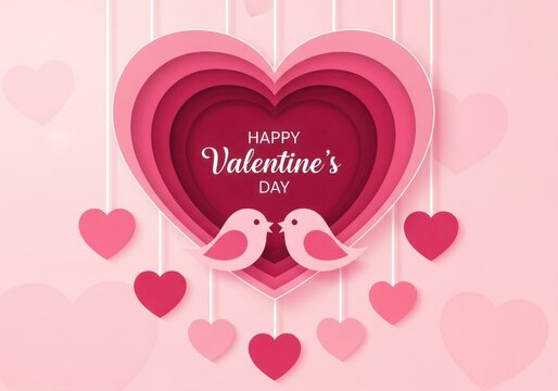 Romantic valentines day background with paper cut heart shape and cute birds in pink color scheme