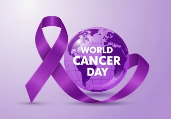 World cancer day awareness with purple ribbon and globe on light purple background illustration