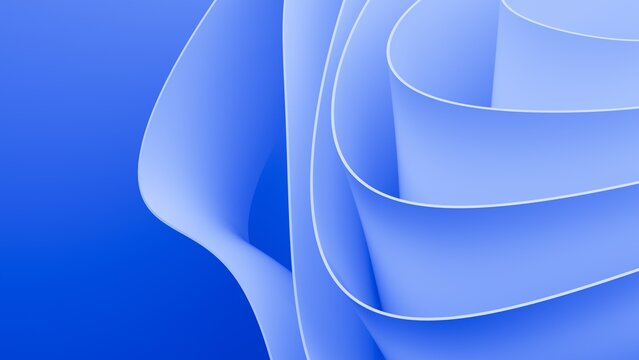 Abstract wavy curved 3d render. Blue soft layers of plastic with lines, folds, ruffles. Modern wallpaper, texture pattern.