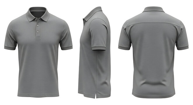 Grey polo shirt mockup with three views front, side, and back