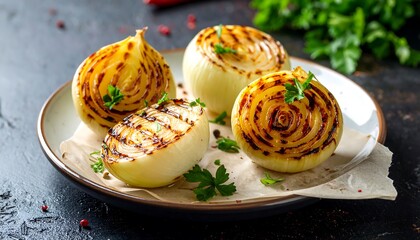 Grilled onions on a plate, with parsley. Grill marks visible on tops of sliced bulbs. Dark background