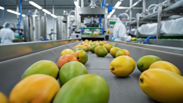 Mangoes Processing on Conveyor at Food Factory