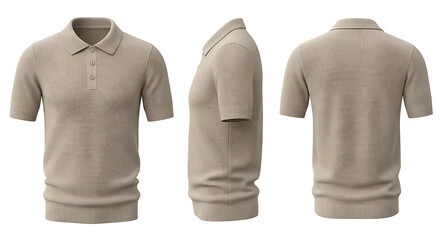 Blank Beige Men's Knitted Polo Shirt Mockup, Front, Side, and Back Views, for Casual Fashion Apparel Design Showcase and Product Presentation