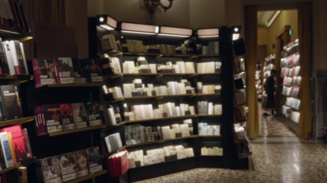 Blurred bookstore shelving and softly defocused books with shallow bokeh interior; background backdrop copyspace template.