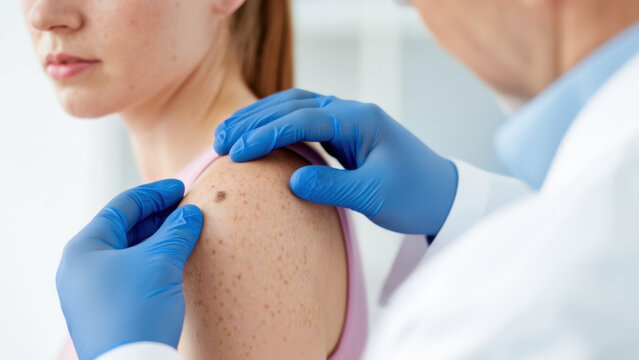 Dermatologist examining shoulder mole, clinical skin assessment, gloved exam for mole asymmetry border color change, lesion monitoring, dermatology consultation, melanoma screening, followup
