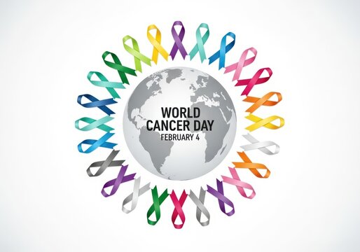 World cancer day awareness with colorful ribbons around the globe isolated on white background