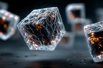 digital blockchain visualization with glowing data links and neon grid. Generative AI