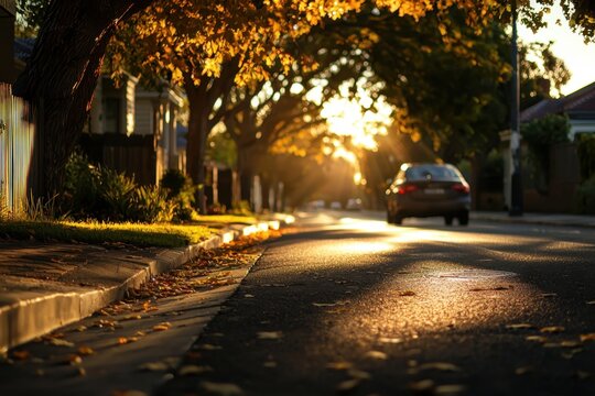 Golden sunlight filters through autumn trees lining quiet suburban street with single car driving away, casting warm shadows on pavement and fallen leaves