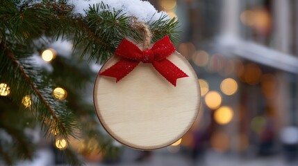 a round white empty wooden board decorated with a red bow is hanging on an outdoor tree in a winter city. Mock up for text
