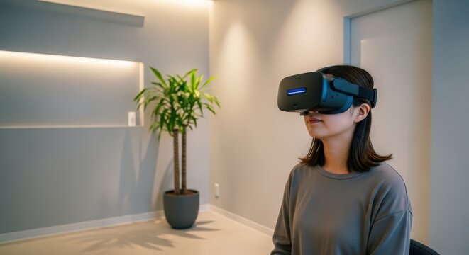 Young woman experiencing virtual reality. Asian girl using metaverse device. Future innovation, digital simulation, and advanced technology concept.