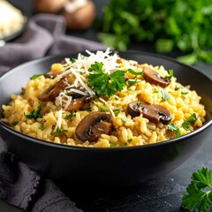 Delicious Mushroom Risotto with Parmesan and Parsley Garnish.